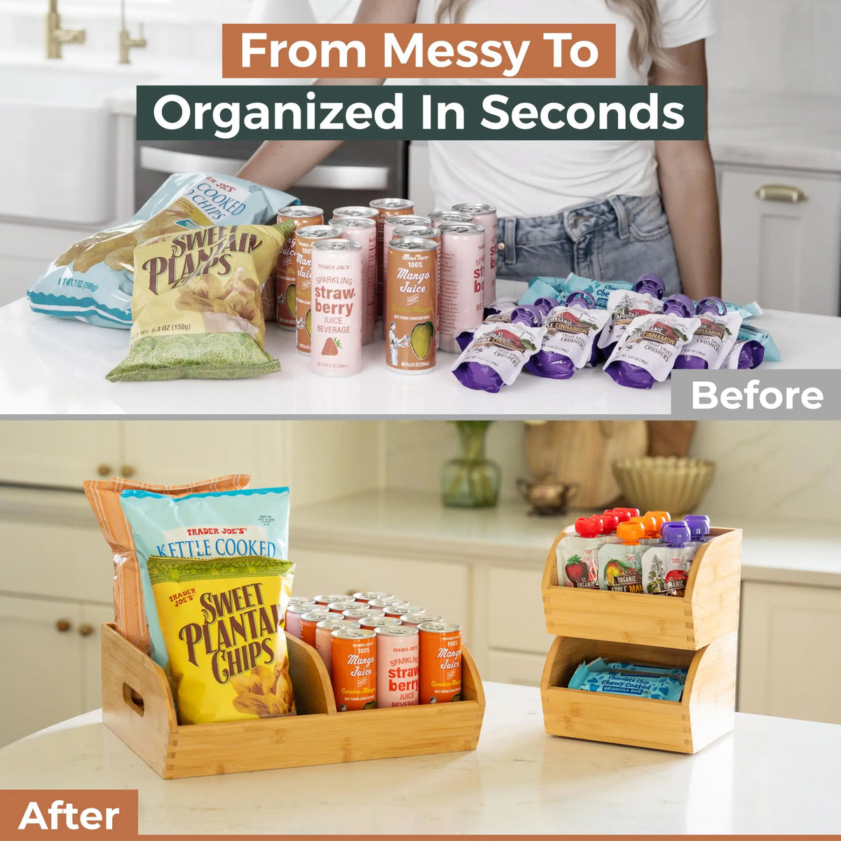 Potato and Onion Storage Bin, Stackable Bamboo Pantry Organizer and Storage Ventilated Wood Baskets with Handles for Potatoes, Onions, Garlic, Fruit and Vegetables; Kitchen Countertop Produce