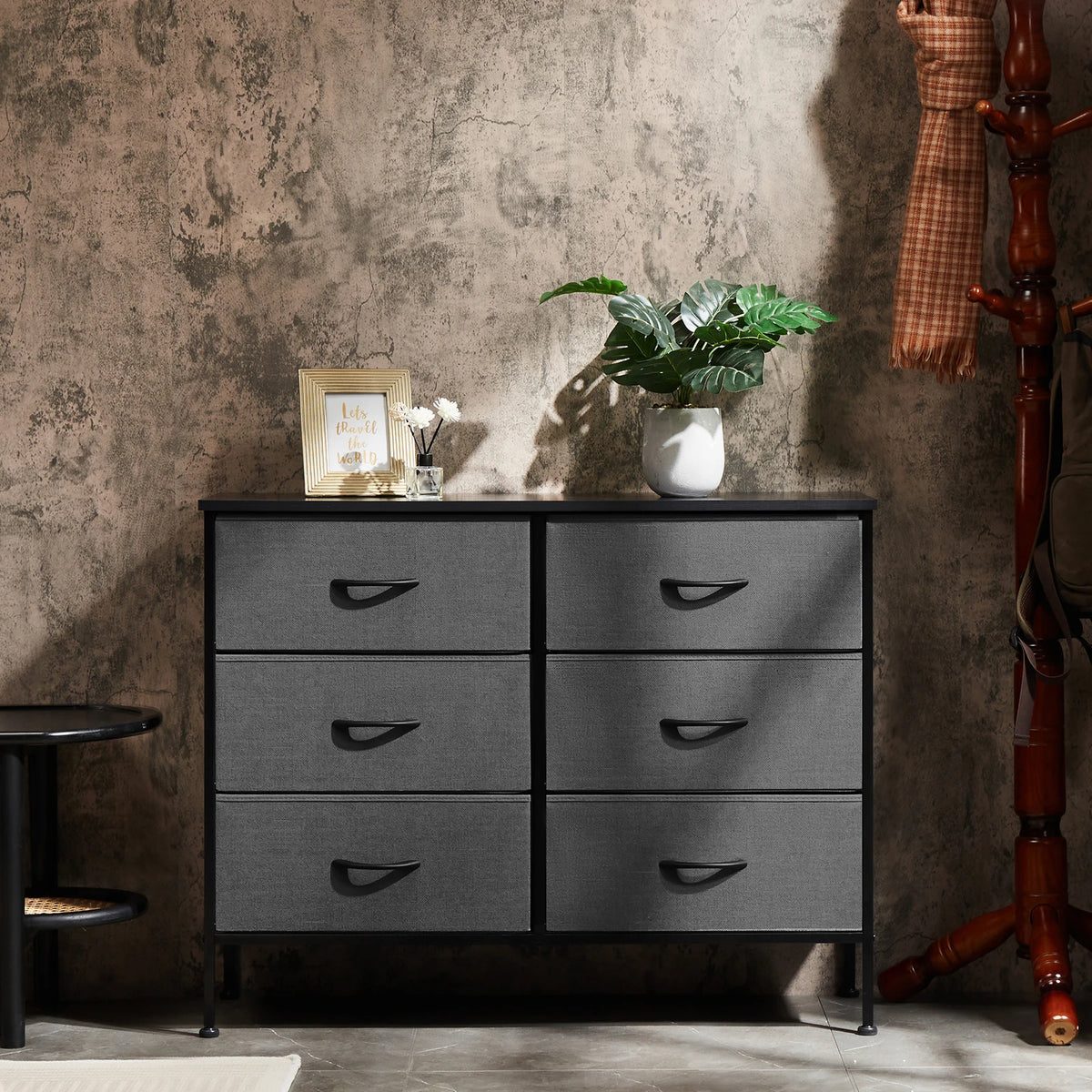 JHK 6 Fabric Drawer Nightstand With Metal Storage Cabinet