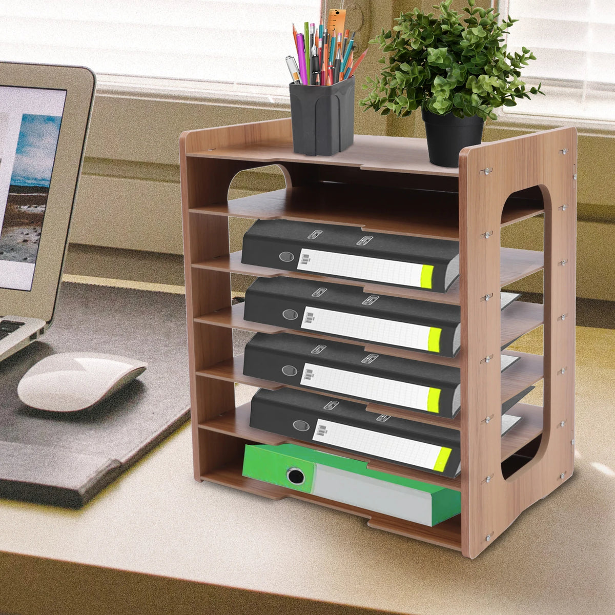 Seven Tier Wood Office Desk File Organizer Tray Holder