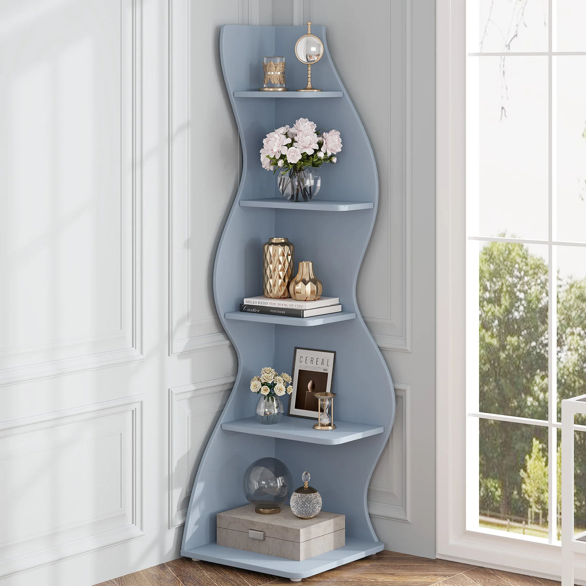 Tribesigns Modern Five Tier Wooden Corner Bookshelf Plant Stand