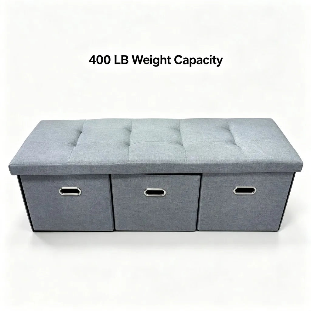 Foldable Linen Storage Ottoman Bench With 3 Removable Drawers