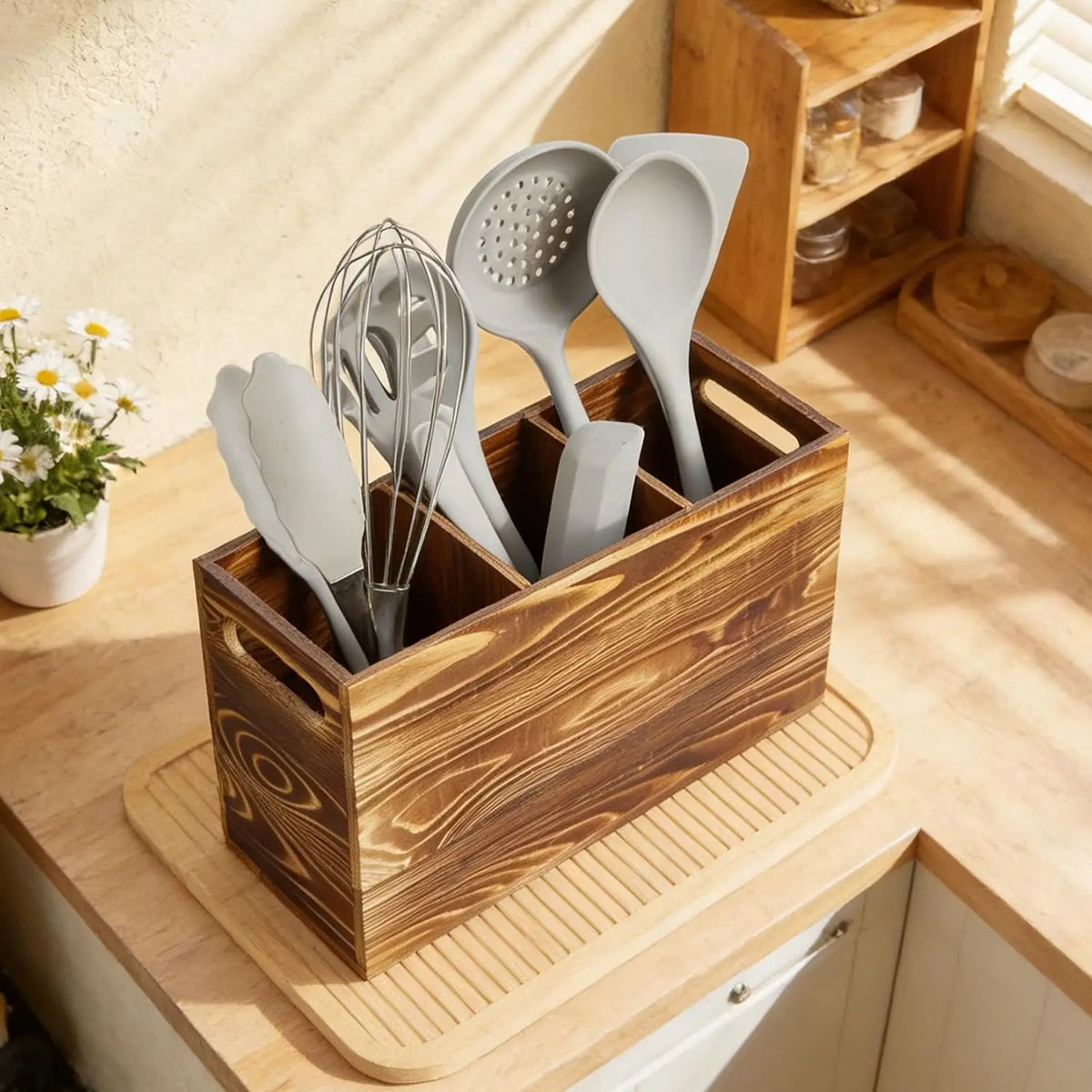 Garvee Rustic Wood Utensil Holder Caddy Kitchen Countertop Organizer