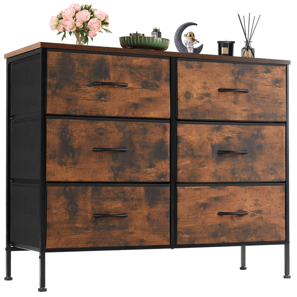 JHK 6 Fabric Drawer Nightstand With Metal Storage Cabinet