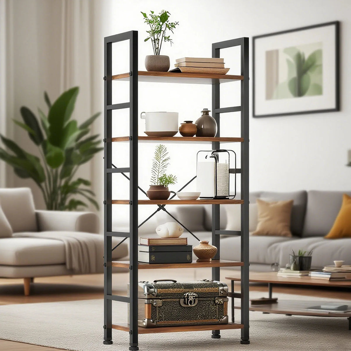 Modern Metal 5 Tier Corner Bookshelf Office Storage Rack
