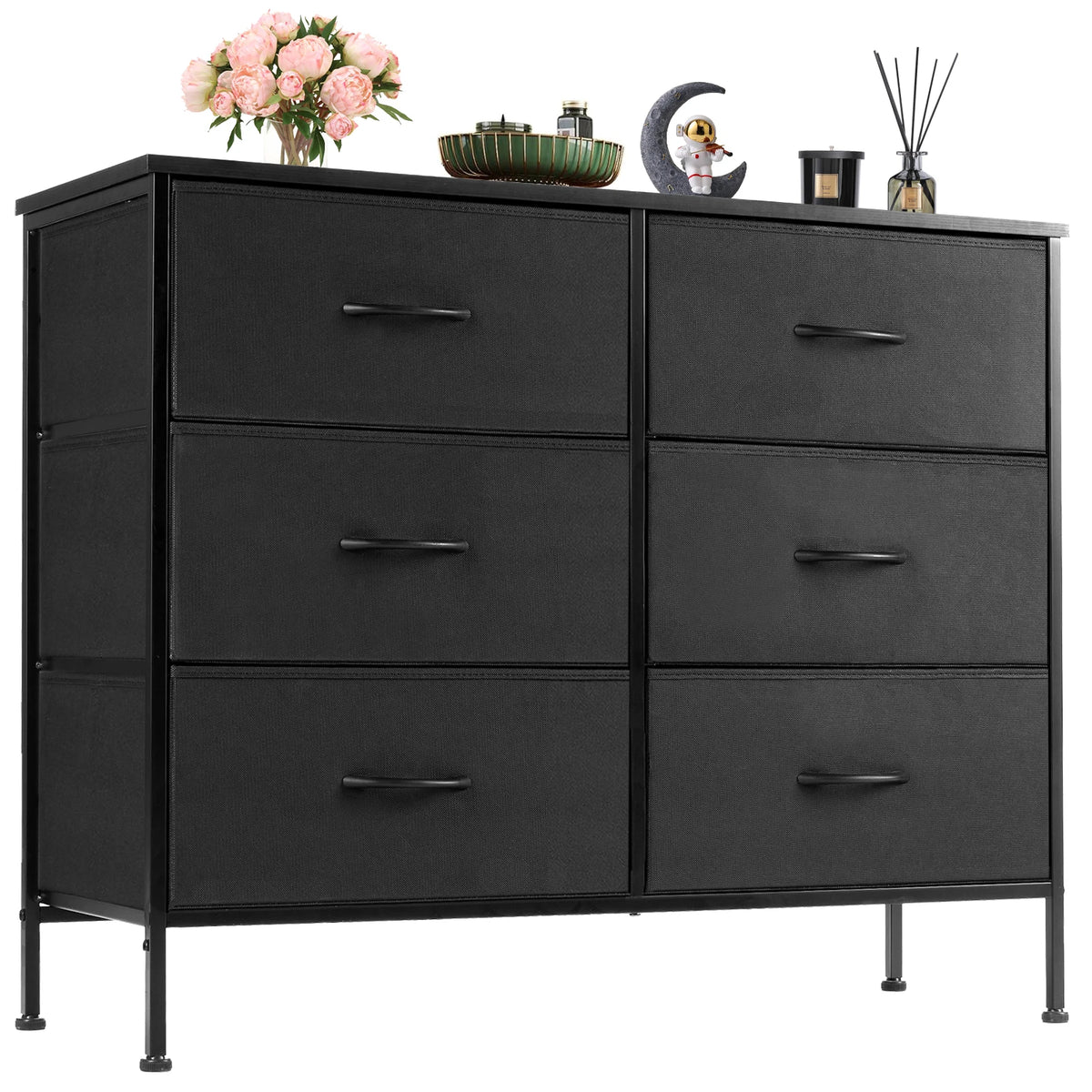 JHK 6 Fabric Drawer Nightstand With Metal Storage Cabinet