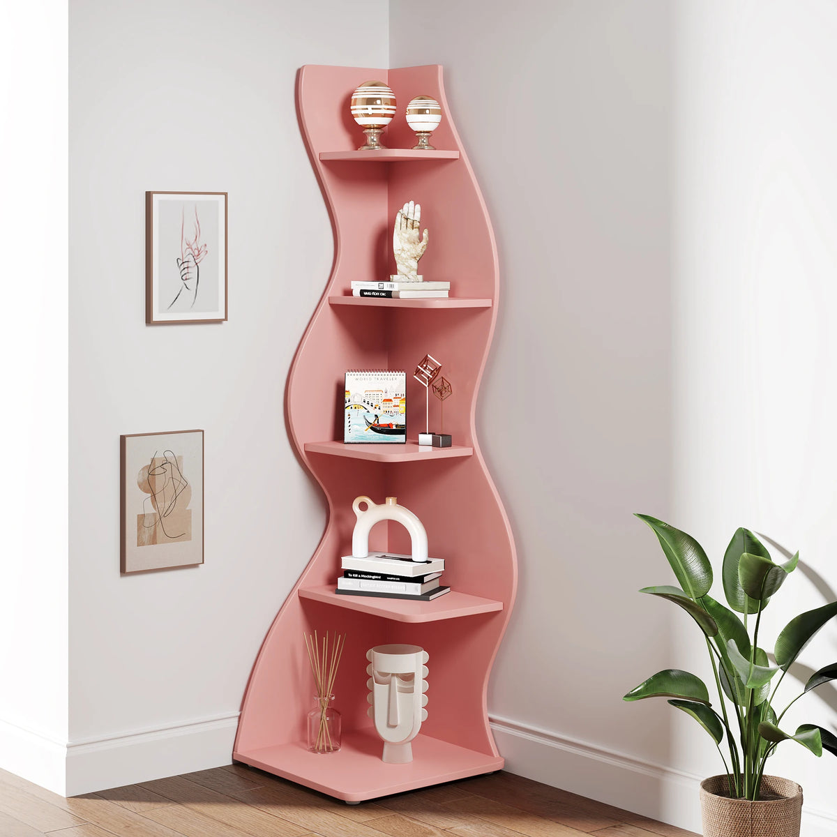 Tribesigns Modern Five Tier Wooden Corner Bookshelf Plant Stand