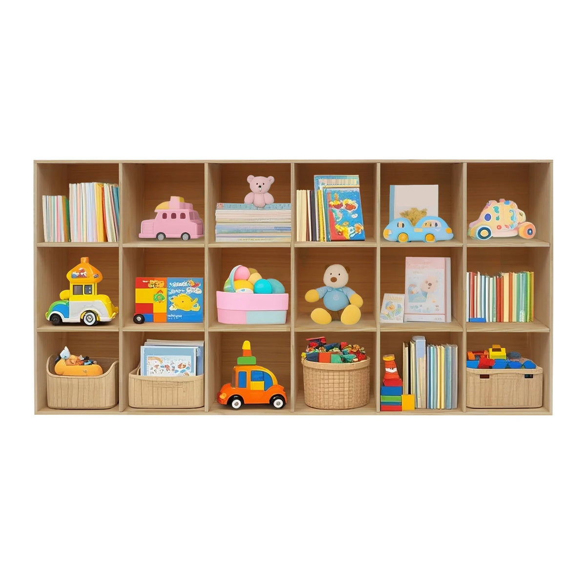 18-Cube Solid Wood Multilayer Bookshelf Easy Assembly Bookcase Floor 3-Tier Storage Cabinet 30x90x180cm Living Room Bedroom Study Storage Shelf for Books Toys Sundries Display Cabinet