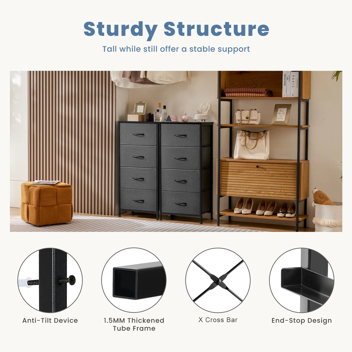 JHK Four Fabric Drawers Steel Frame Bedroom Storage Cabinet