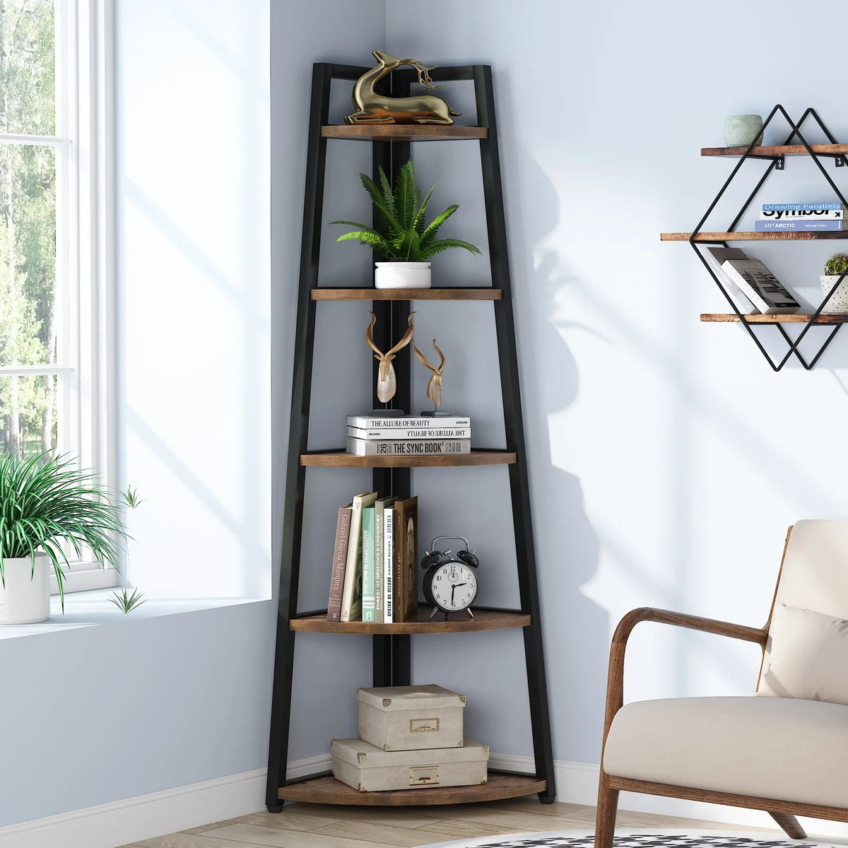 Tribesigns Five Tier Corner Wood Bookcase Modern Shelf Rack