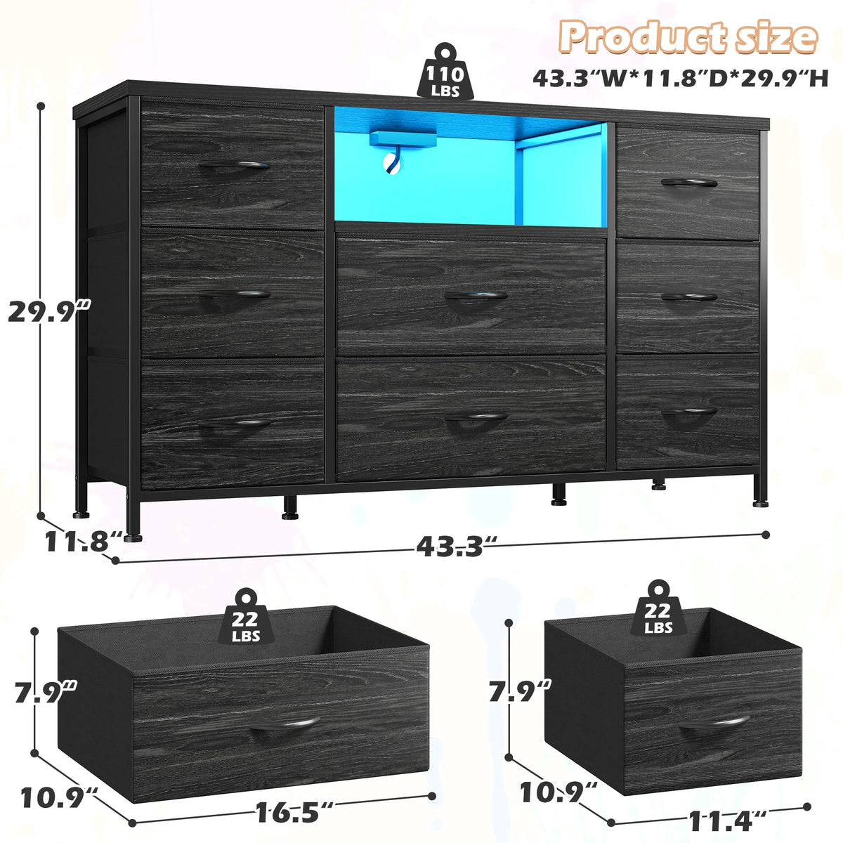 Eight Drawer Media Dresser With LED Lighting And Charging Station