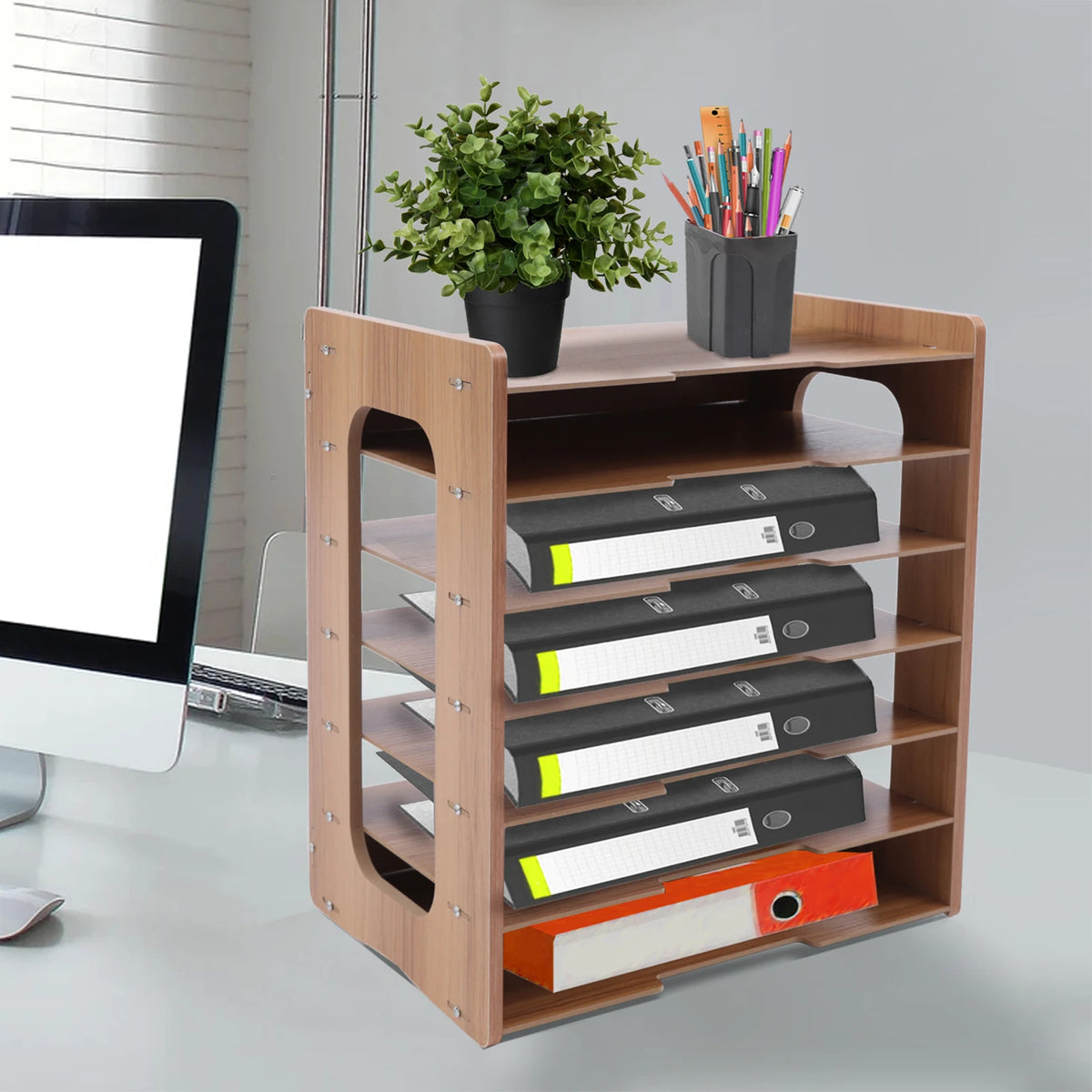 Seven Tier Wood Office Desk File Organizer Tray Holder