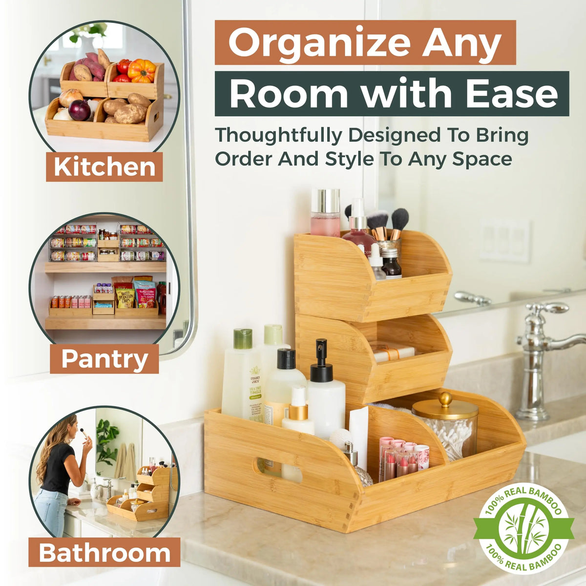 Potato and Onion Storage Bin, Stackable Bamboo Pantry Organizer and Storage Ventilated Wood Baskets with Handles for Potatoes, Onions, Garlic, Fruit and Vegetables; Kitchen Countertop Produce