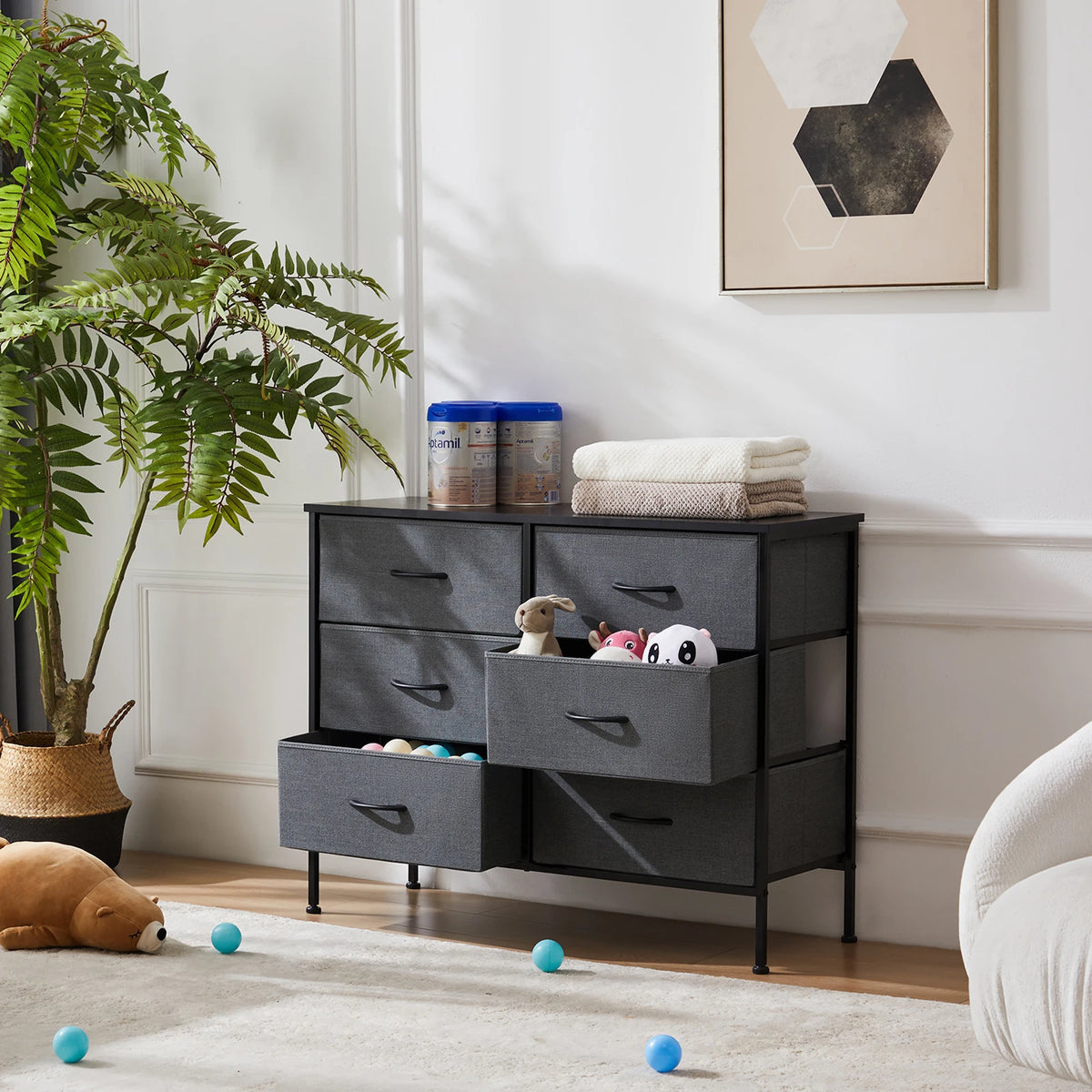 JHK 6 Fabric Drawer Nightstand With Metal Storage Cabinet