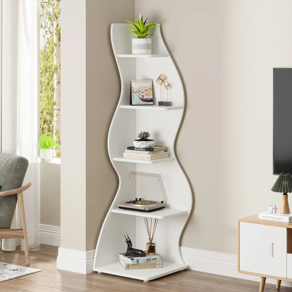Tribesigns Modern Five Tier Wooden Corner Bookshelf Plant Stand