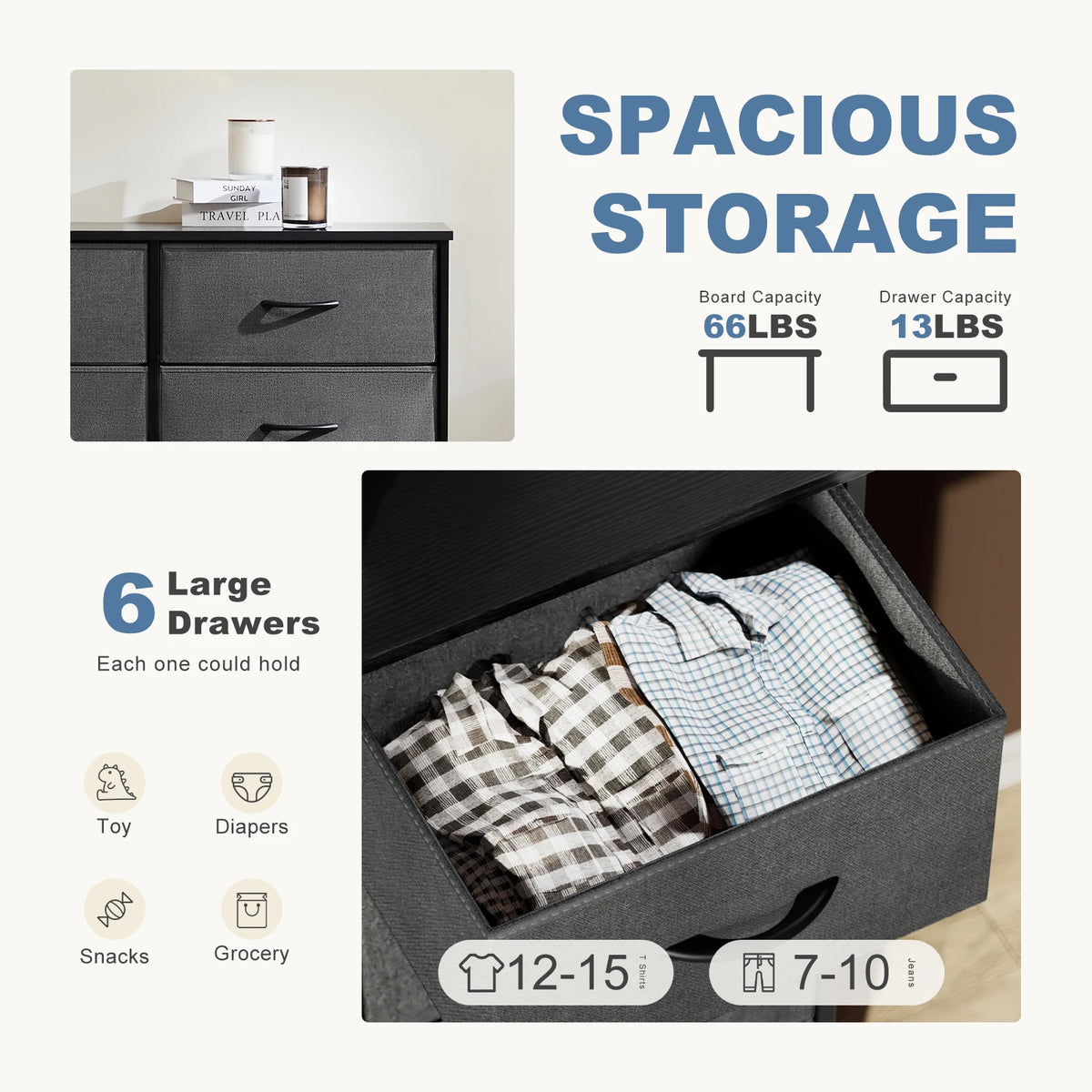 JHK 6 Fabric Drawer Nightstand With Metal Storage Cabinet