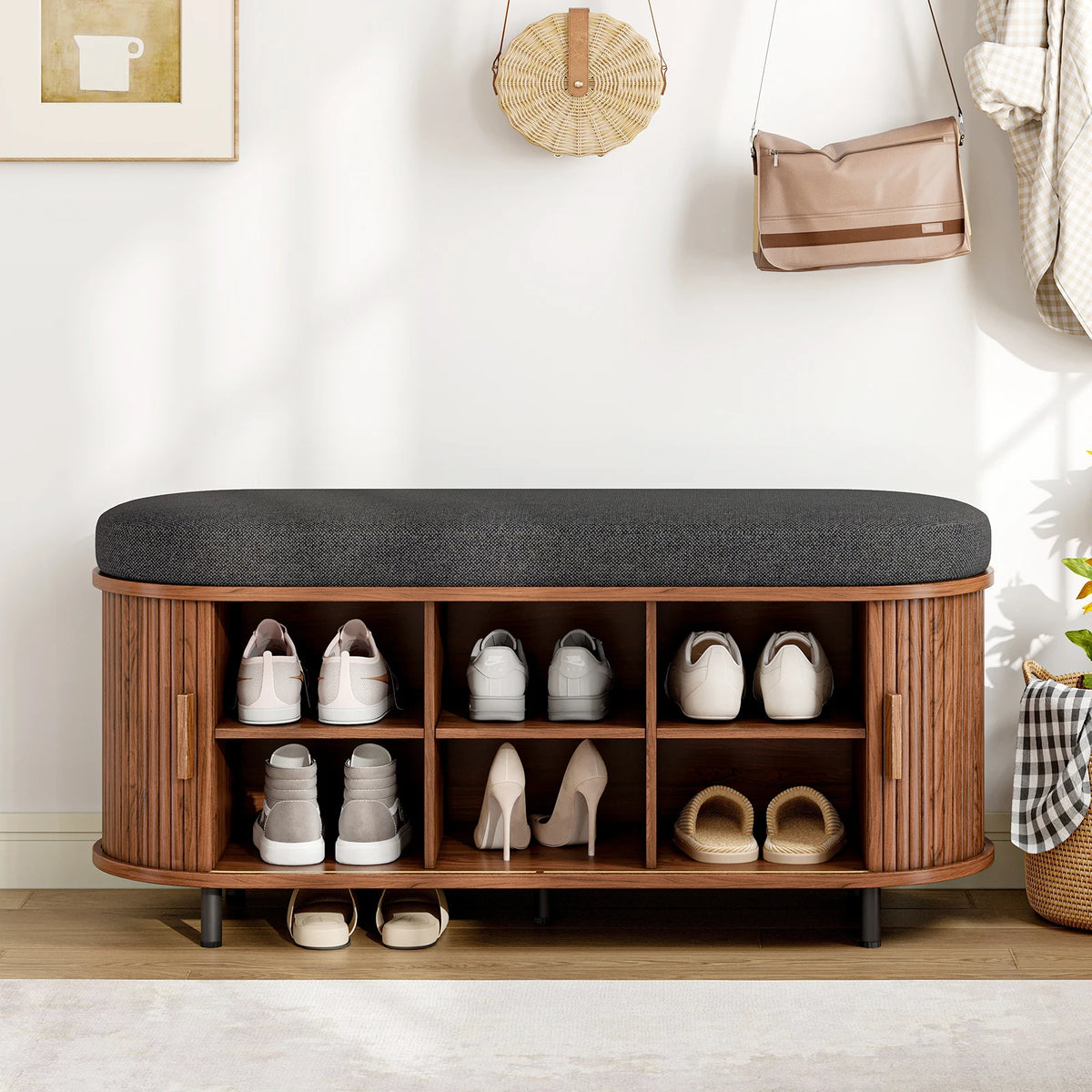 Sturdy Wooden Three Tier Shoe Storage Bench With Cushion