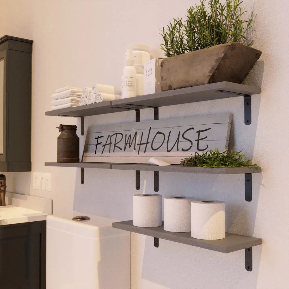 Farmhouse Rustic Wooden Floating Wall Shelves With Guardrails