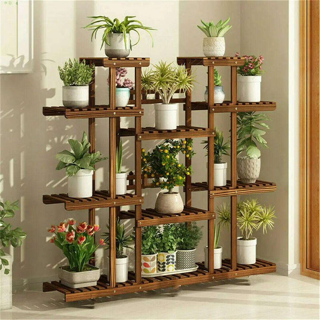 Eleven Tier Wood Plant Stand For Indoor Outdoor Garden Display