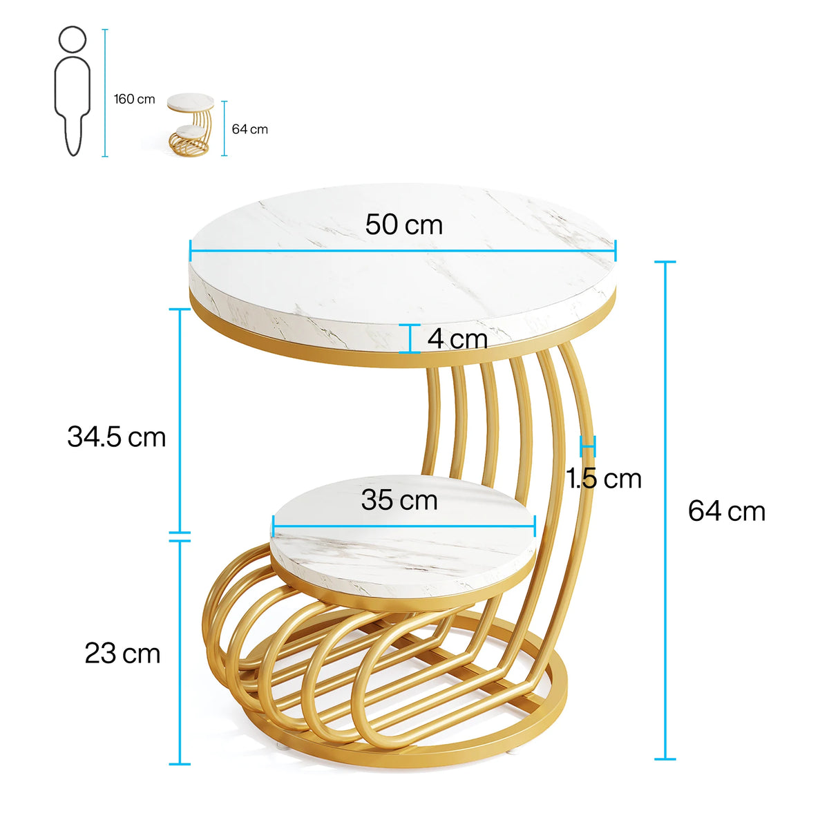 Tribesigns Modern Round Faux Marble End Table With Storage Shelf