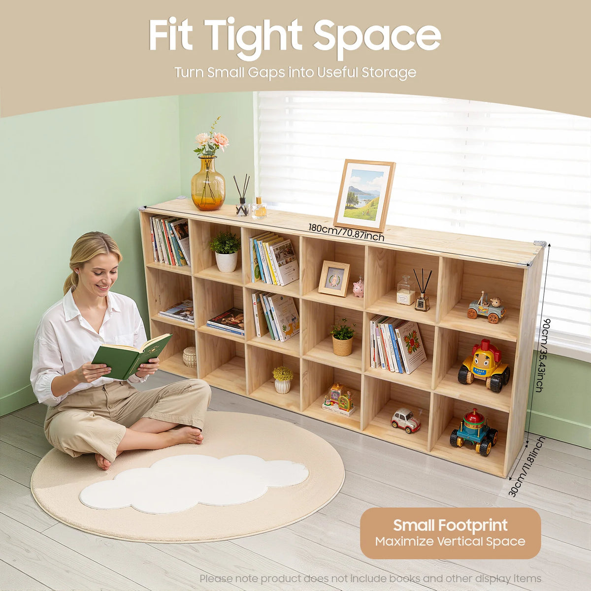 18-Cube Solid Wood Multilayer Bookshelf Easy Assembly Bookcase Floor 3-Tier Storage Cabinet 30x90x180cm Living Room Bedroom Study Storage Shelf for Books Toys Sundries Display Cabinet