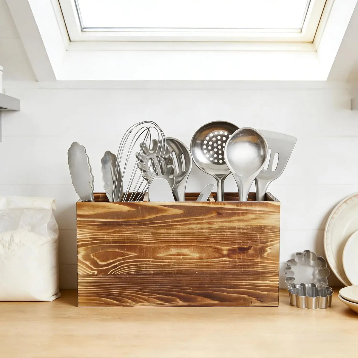 Garvee Rustic Wood Utensil Holder Caddy Kitchen Countertop Organizer