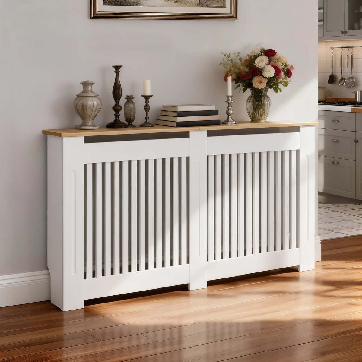 Modern Wooden Radiator Cover With Vertical Slats And Shelf