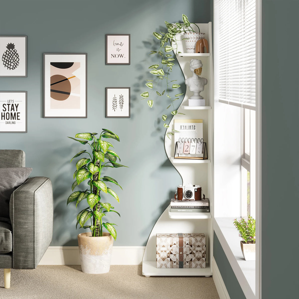 Tribesigns Modern Five Tier Wooden Corner Bookshelf Plant Stand