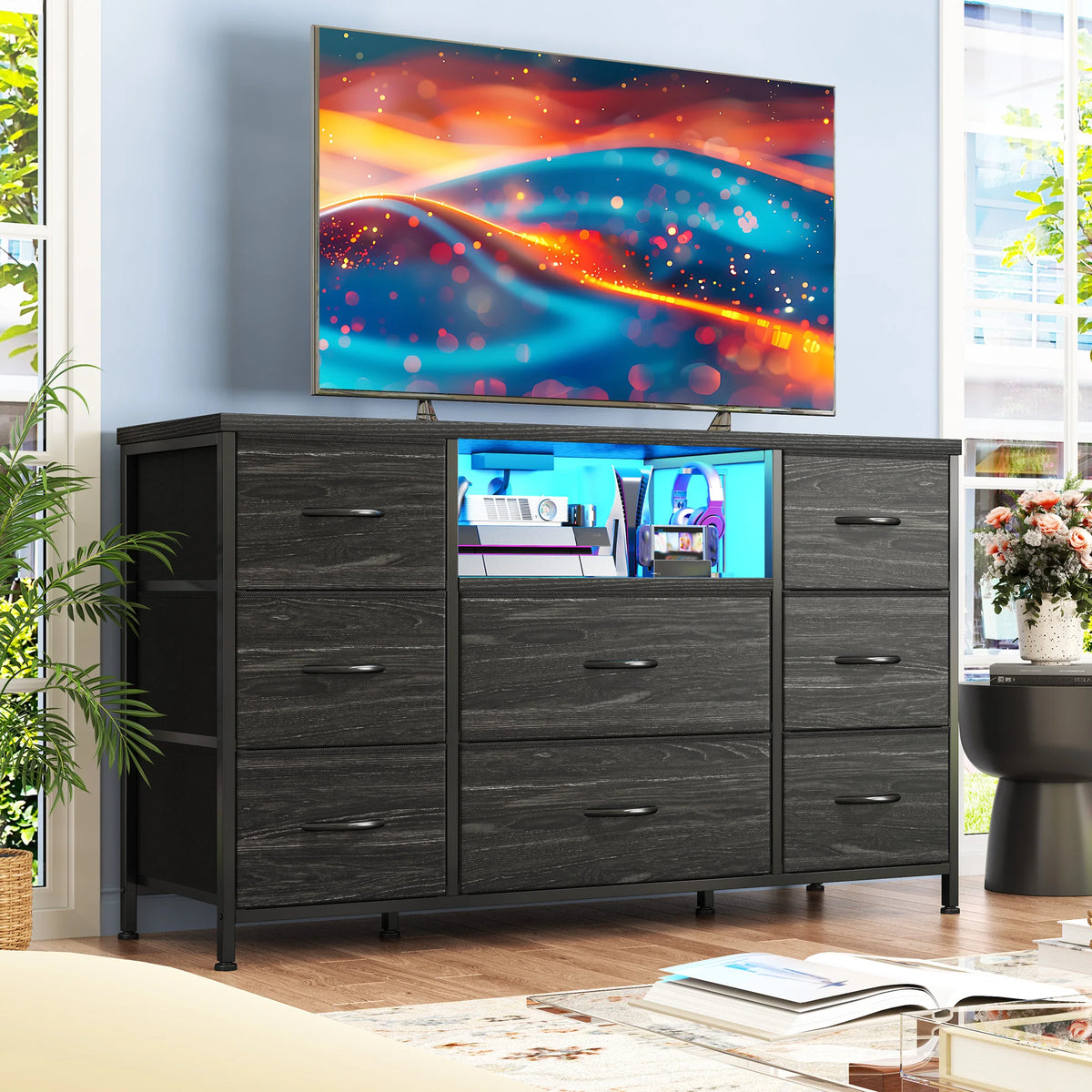 Eight Drawer Media Dresser With LED Lighting And Charging Station
