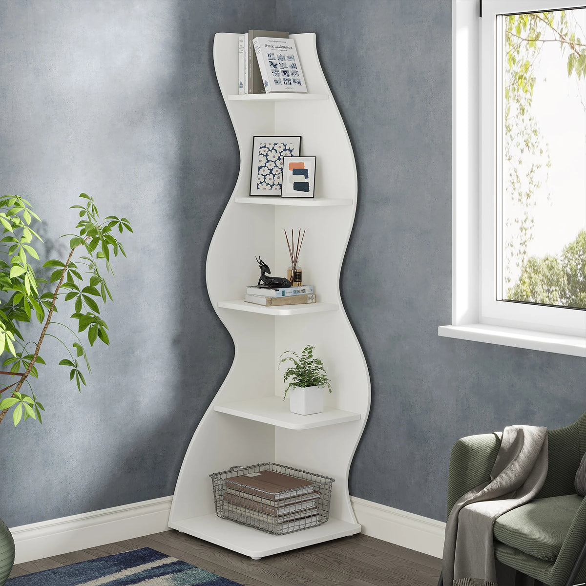 Tribesigns Modern Five Tier Wooden Corner Bookshelf Plant Stand