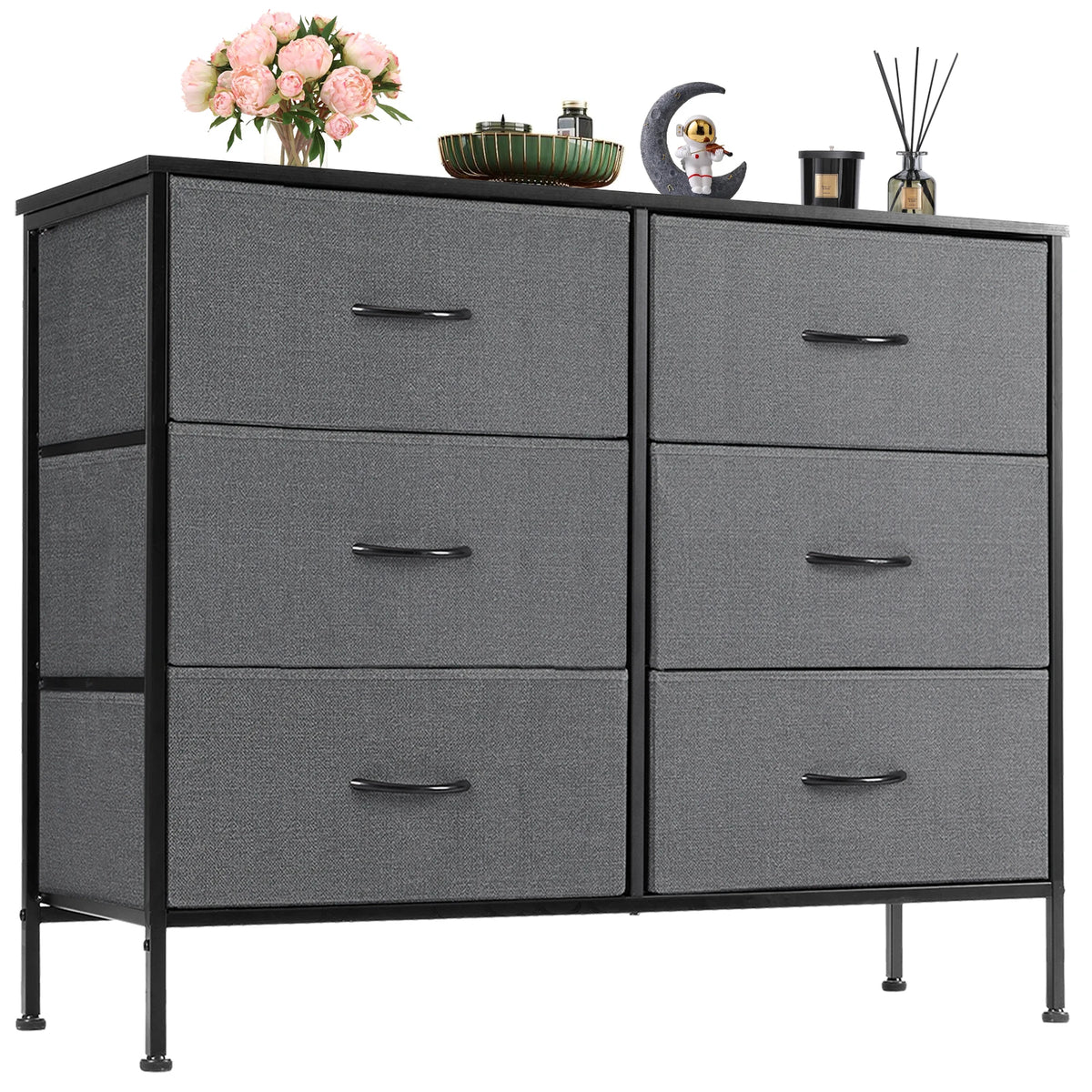JHK 6 Fabric Drawer Nightstand With Metal Storage Cabinet