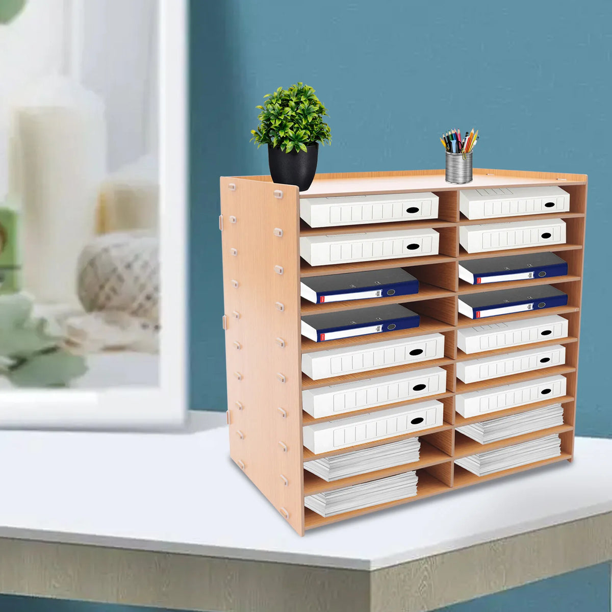 Wooden 18 Slot Desktop File Organizer Document Paper Sorter