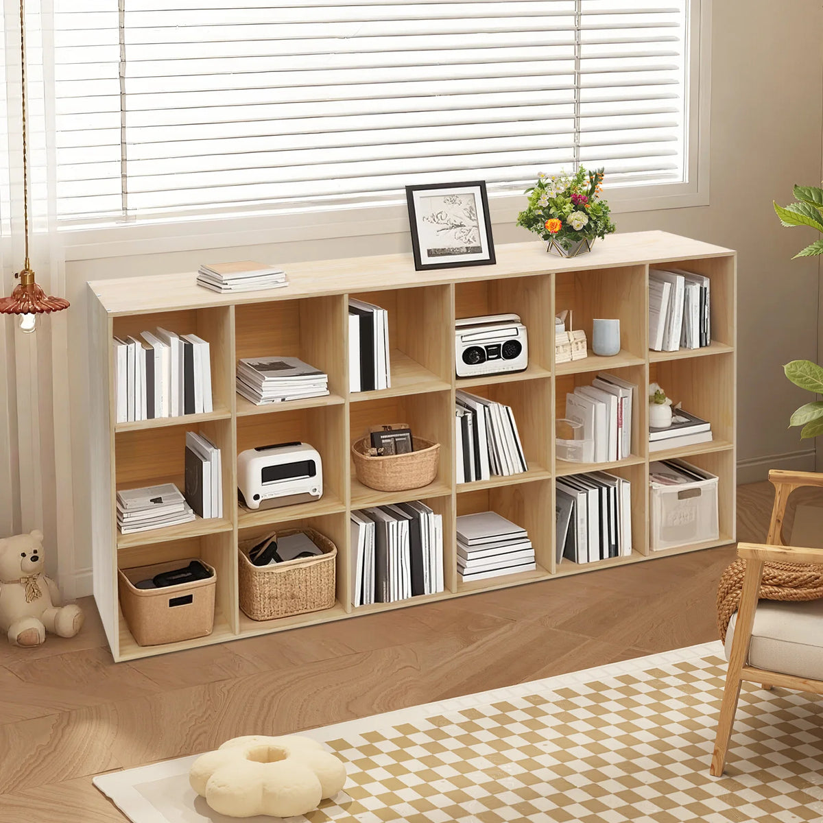 18-Cube Solid Wood Multilayer Bookshelf Easy Assembly Bookcase Floor 3-Tier Storage Cabinet 30x90x180cm Living Room Bedroom Study Storage Shelf for Books Toys Sundries Display Cabinet