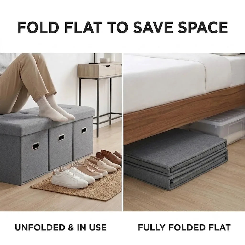 Foldable Linen Storage Ottoman Bench With 3 Removable Drawers