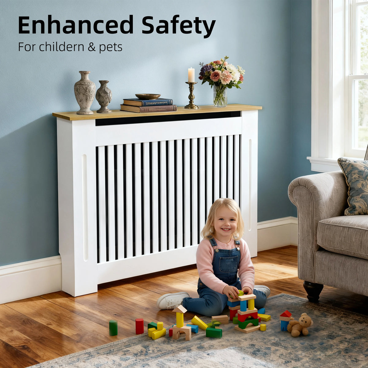 Modern Wooden Radiator Cover With Vertical Slats And Shelf
