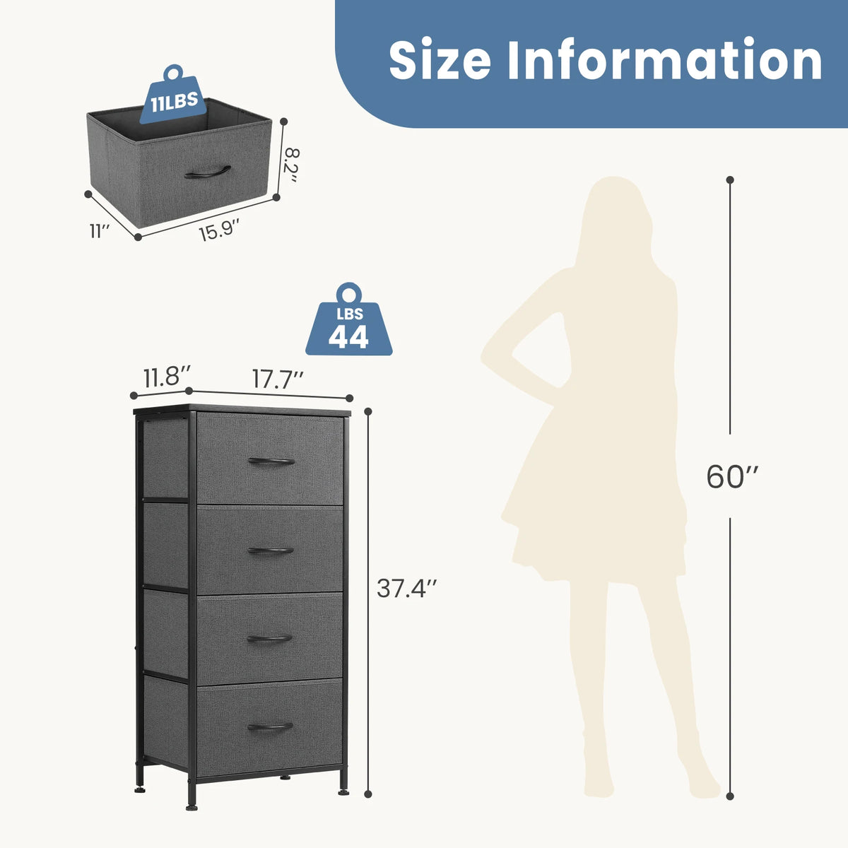 JHK Four Fabric Drawers Steel Frame Bedroom Storage Cabinet