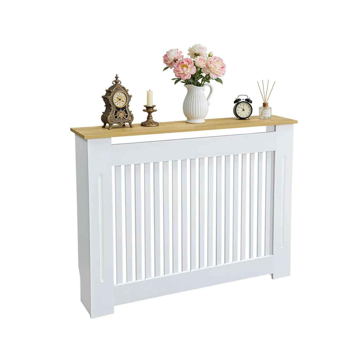 Modern Wooden Radiator Cover With Vertical Slats And Shelf