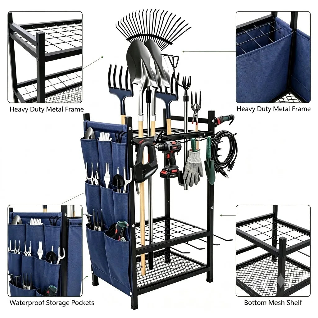 Heavy Duty Freestanding Metal Garden Tool Storage Rack Organizer